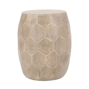 15.25*15.25*18.25 Inch Boho Honeycomb Lightweight Concrete Side Table, Natural Wood Tone Barrel-Shaped Accent Table, High Weight Capacity Weather-Resistant Patio End Table for Indoor Outdoor Home Garden