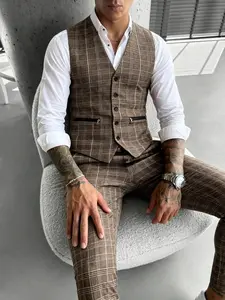 Men's Tartan Blazer Set, Slim-Fitting Business Suit, Vintage Vest and Pants, All-Season Formal Wear, Luxurious Checkered Design, Plaid