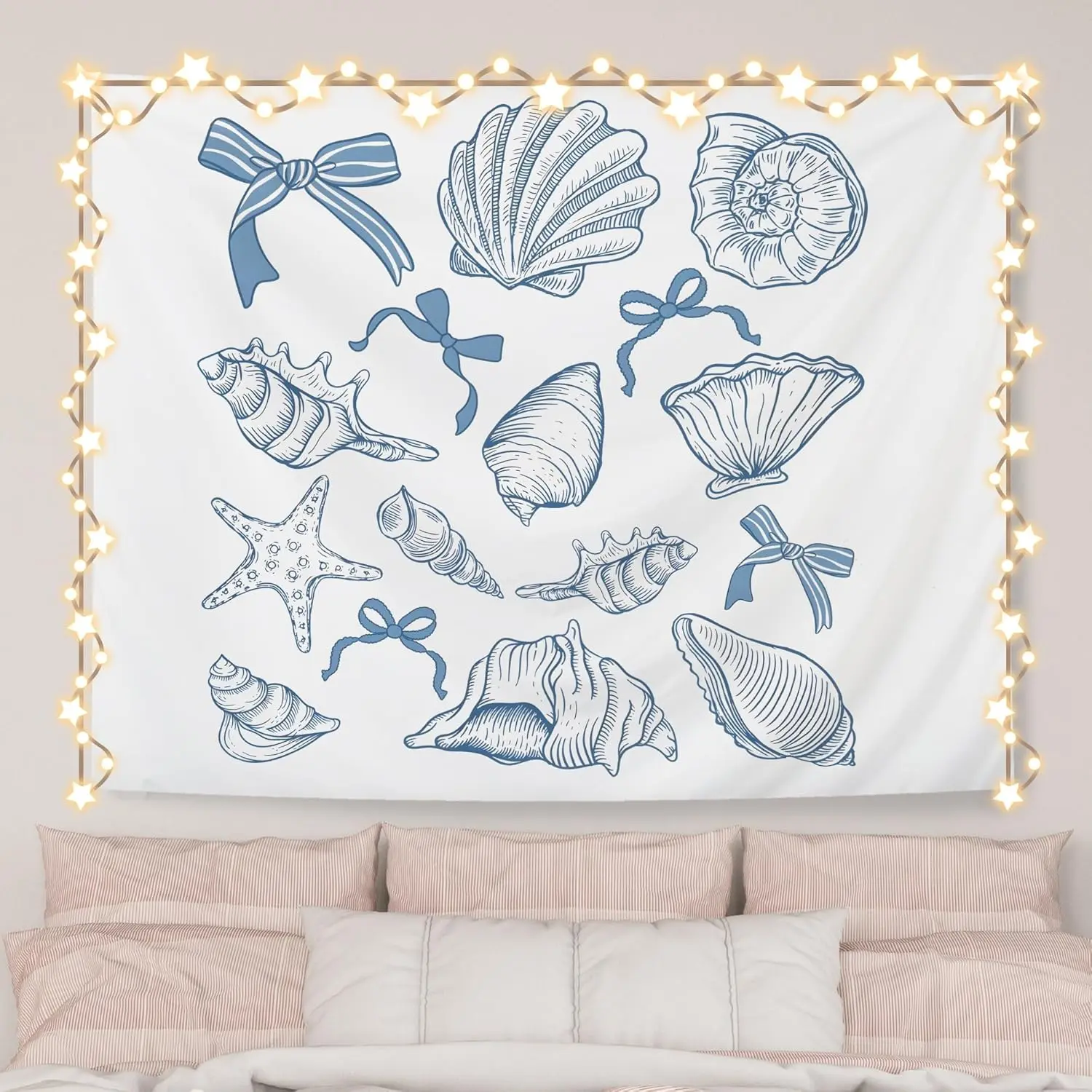 Coquette Blue Bow Seashell Ocean Print Lightweight Decorative Wall Hanging Tapestry - Multi-Size (50x60in, 80x60in), Geometric Strong Anti-Pilling, Preppy Coastal Room Accessories for Girls' Room, Indoor/Outdoor Home Decor