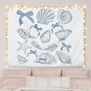 Coquette Blue Bow Seashell Ocean Beach Tapestry Wall Hanging, Preppy Beach Tapestry Decorative, Blue Coastal Wall Blanket Decor for Girls Room Dorm Apartment Bedroom, 50x60 Inch