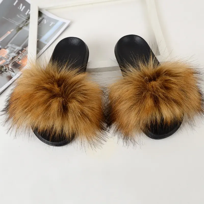 Cozy Comfort |   Women's Chic Faux Fur Slide Sandals - Summer Fluffy Feet-Open Design, Casual Slip-On Flat Shoes with EVA Sole, Beige & Black Options, Cute Shoes