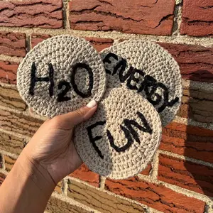 Three drinks round crochet coasters: one for fun, one for hydration, one for energy