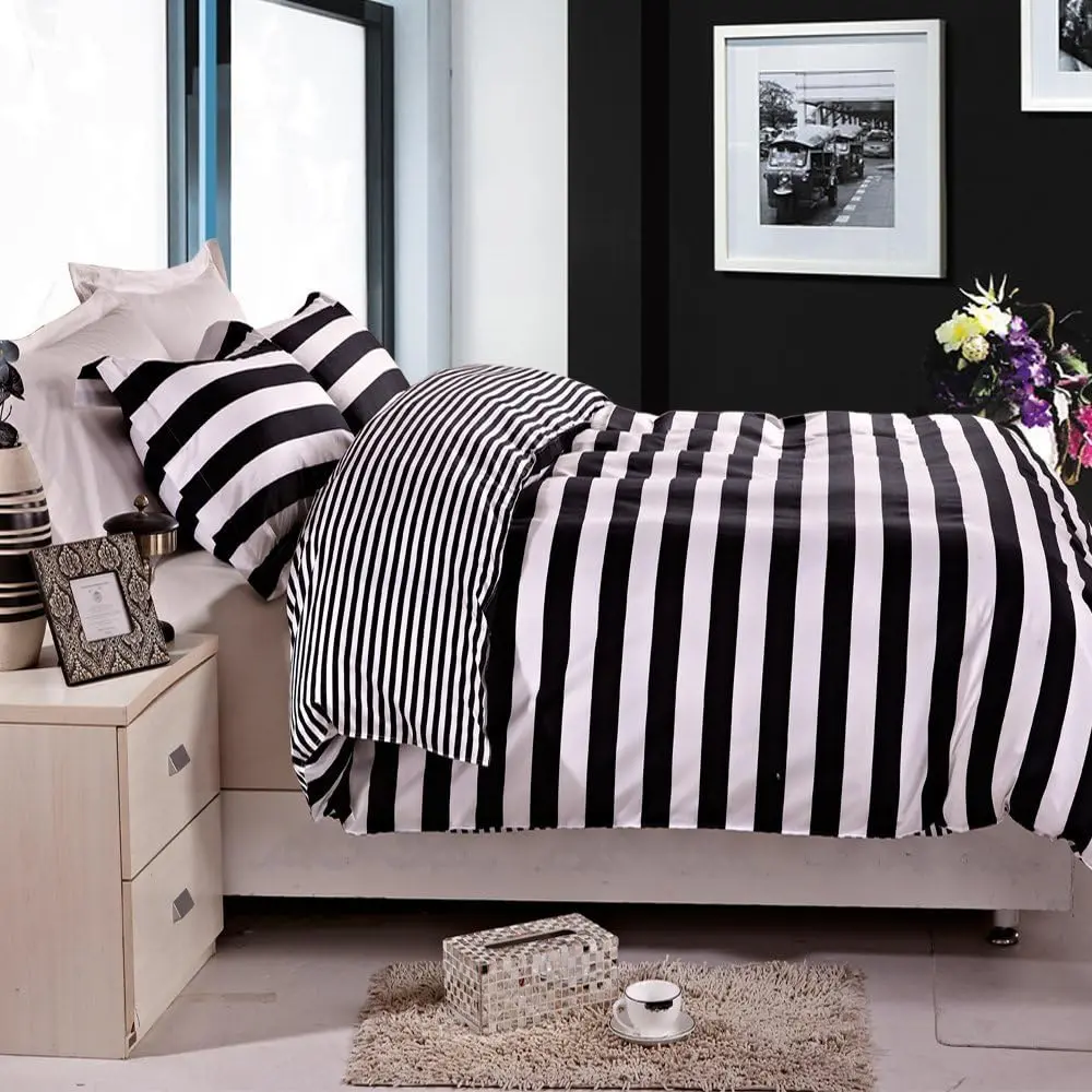 J9 | Microfiber Bedding Set, Stripe Pattern Soft and Wrinkle-Resistant and Easy Care, Black and White