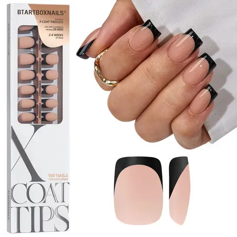BTArtboxnails XCOATTIPS Press on Nail Sets - 160pcs Soft Gel Soak-Off Extensions, Black French, Peach Multiple Shapes (Square, Almond, Coffin) French Tip Press on Nails