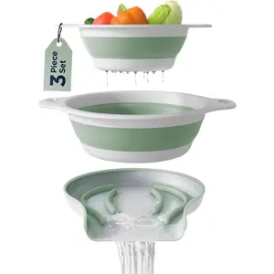 Collapsible Colanders (2 Pack Set) Food Strainers with Over-Sink Water Draining Base for Pasta Fruits and Vegetables (4 and 5 Quart) - White/Sage