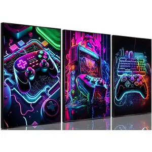 Game Room Decor Posters Set of 3 - Neon Gaming Accessories Theme Artistic Canvas Wall Art, Gamer Console Paintings Picture Wall Decor for Children Youth Boys Bedroom 12x16 inch Unframed, Modern Home Decor, Modern Home Decoration
