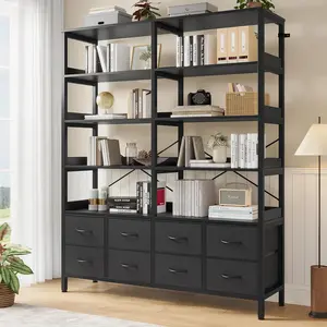 HAUOMS Bookshelf with 8 Fabric Drawers, 7-Tier Bookcase with Baffles Display Shelves, Industrial Large Book Shelf for Living Room Home Office