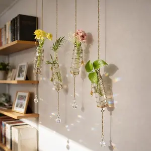 Glasseam 4Pcs Hanging Propagation Stations with Crystal Suncatchers, Glass Tubes Jars with Metal Chain Glass Wall Planters for Indoor Plants Hydroponics