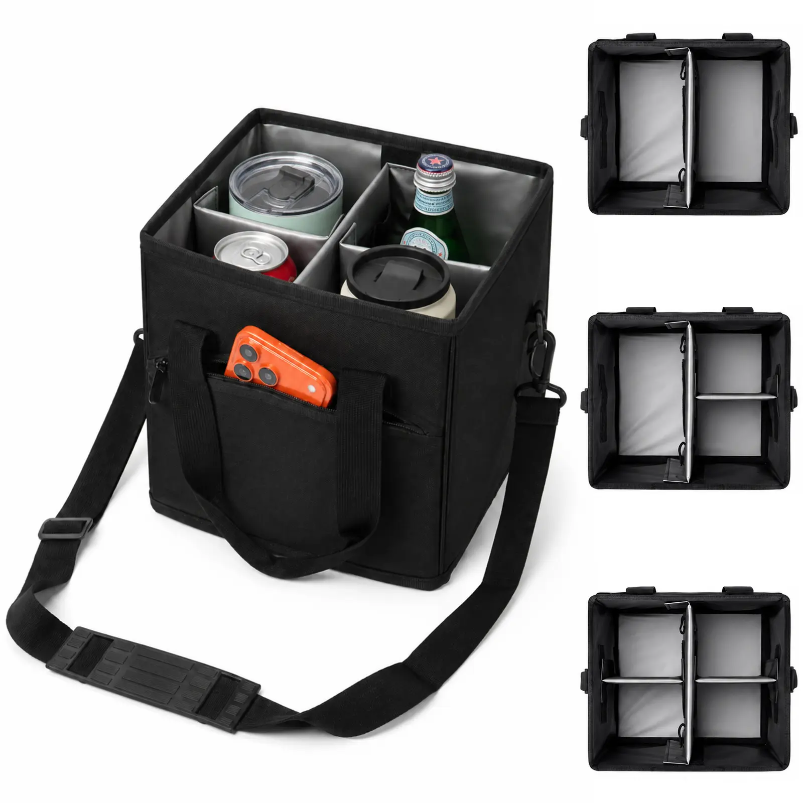 4 Cup Drink Carrier Caddy Open Top Insulated Drink Organizer With Removable Dividers Shoulder Strap Front Zipper Pocket Portable Cup Holder Tote Bag For Coffee Cups Bottles Delivery Car Picnic Travel