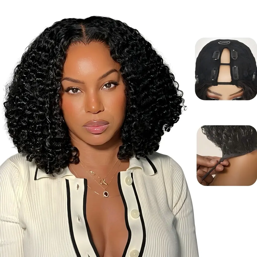 【Updated with Drawstring】V Part Curly Wig Human Hair 200% Density Upgrade U Part Wig with Adjustable Drawstring No Leave Out Glueless V Shape Full Head Clip In Half Wig Human Hair Wig for Black Women Natural Color