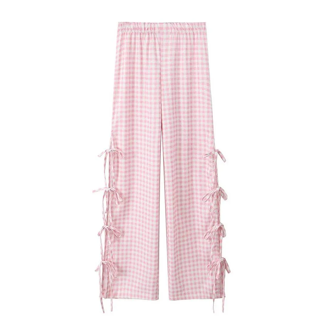 Gingham Side-Bow Pants: LIGHT PINK / L