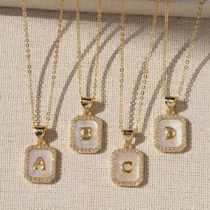 Square Modern-Style Letter Necklace with Inlaid Shells, 26 English Letter Pendants, Copper Plated with 18K Golden Plated, Niche Fashion Letter Necklace,summervibes