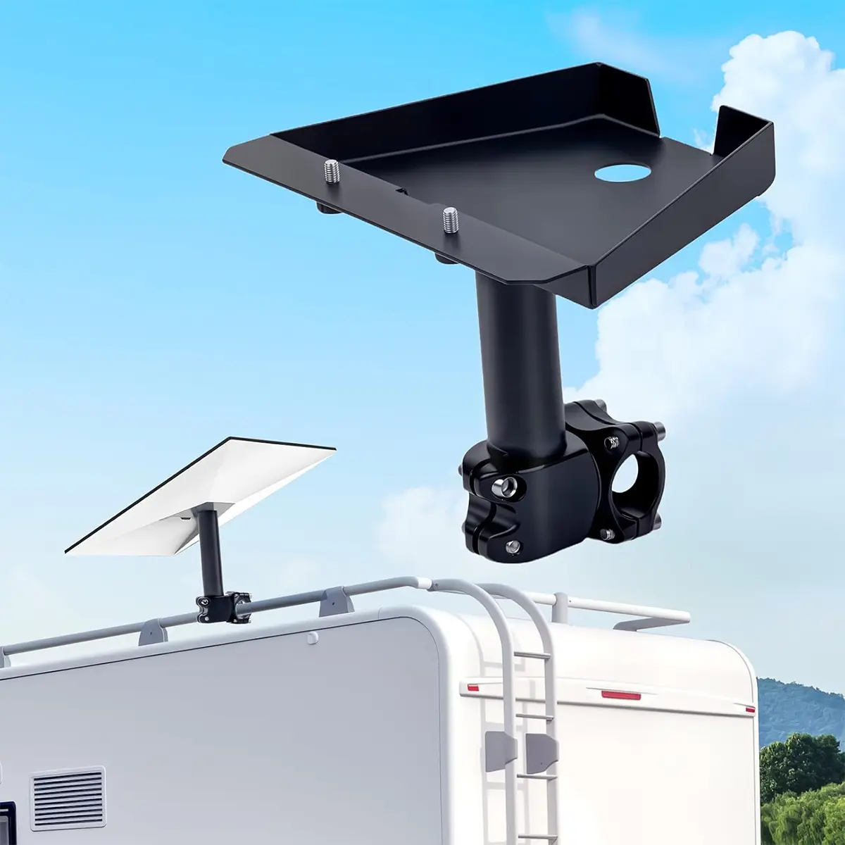 Starlink Gen 3 RV Ladder & Roof Rack Mount Kit, Camper RV Accessories, 200lb Load-Bearing Aerospace Alum., Stainless Steel, Drillless Quick Install, Secure Pole Clamp, Anti-Slip Grip, Signal Tilt Adjust, Fits 0.8-1.17in Horizontal Pipes, 1 Set, Aluminum c