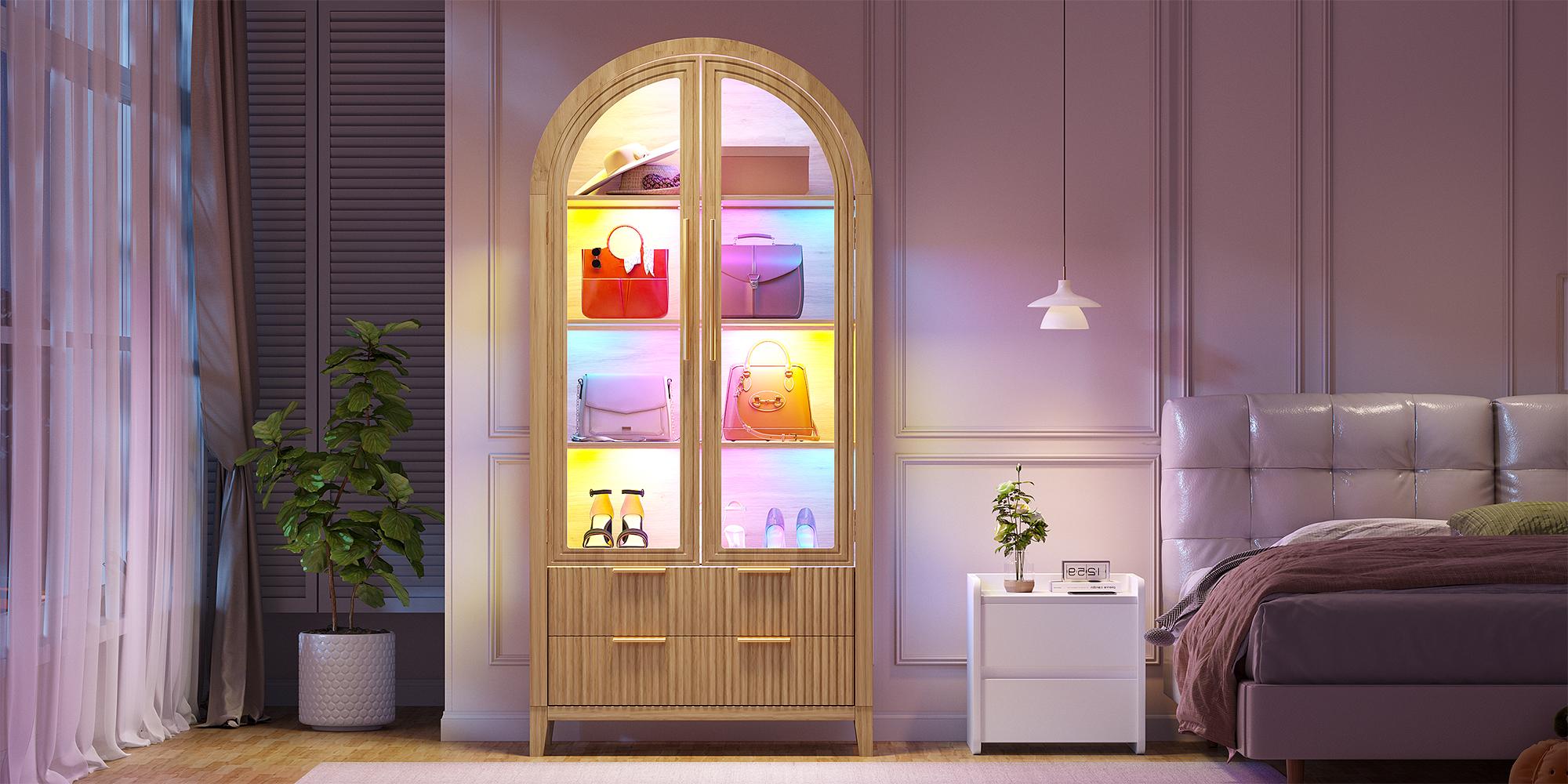 FREDEES 71" Tall Arched Storage Cabinet with Glass Doors and Drawers, Curio Display Cabinet with Adjustable RGB Light & Human Sensor, 4-Tier China Cabinet for Living Room