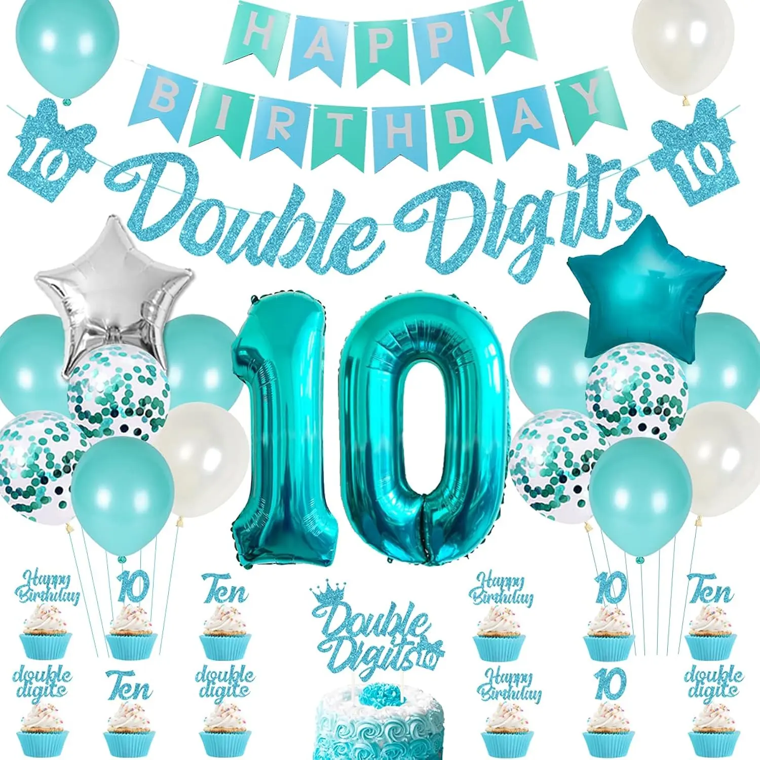 10th Birthday Decorations for Girls: Turquoise Banners, Cake Toppers, and Number 10 Balloons