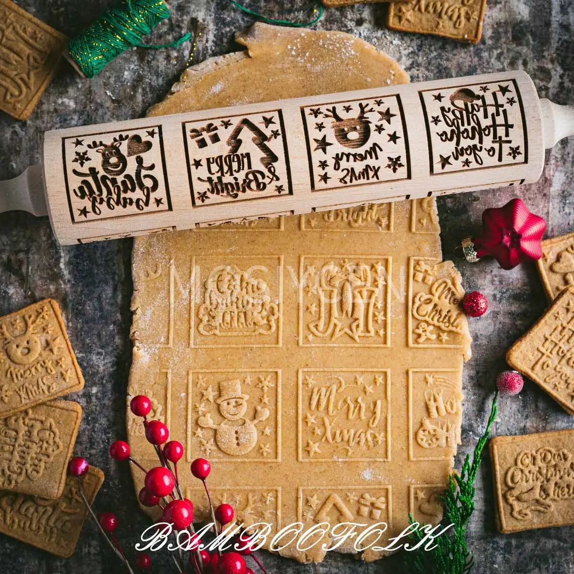 1pc Reindeer And Snowman Pattern Christmas Embossed Wooden Rolling Pin for Baking, Deep Engraved Christmas Cookie Cutter Embossed Cookies, Cute Kitchen Decor DIY Tool, Suitable as a Christmas, Thanksgiving, Mother's Day, or party gift tiktokshopspringglow