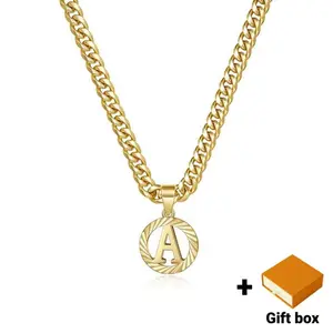 ModaLoop Gold Initial Necklace 14K Gold Plated Round Letter Pendant Hollow Capital Monogram 5mm Cuban Chain Necklace Alhpabets from A-Z Dainty Accessories for Women Men Valentine's Day Gift