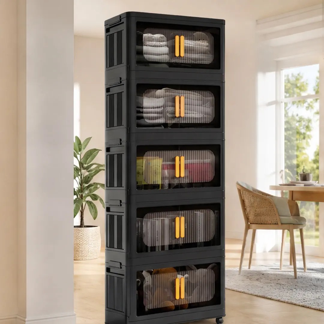 20-Inch Wide Folding Storage Cabinet with 5 Tiers, Collapsible Plastic Storage Bins with Magnetic Door and Wheels, 19.69" x 11.81" x 50.00", Black, for Living Room, Kitchen, Bedroom, Gaming Room, Tool Room, Dormitory, Multiple Size Options