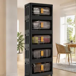 20-Inch Wide Folding Storage Cabinet with 5 Tiers, Collapsible Plastic Storage Bins with Magnetic Door and Wheels, 19.69" x 11.81" x 50.00", Black, for Living Room, Kitchen, Bedroom, Gaming Room, Tool Room, Dormitory, Multiple Size Options
