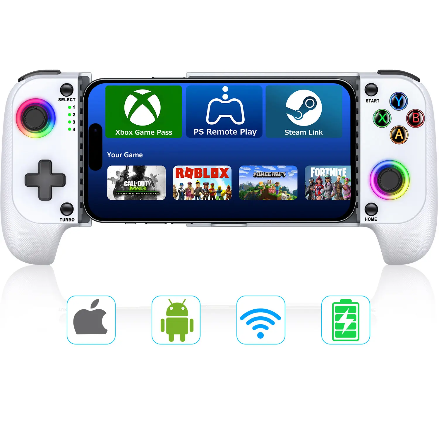 Mobile Gaming Controller for iPhone/Android Controller, Wireless Phone Game Controller Support Phone Case ,Hall Joystick, Turbo, Mobile Gaming Gamepad, White