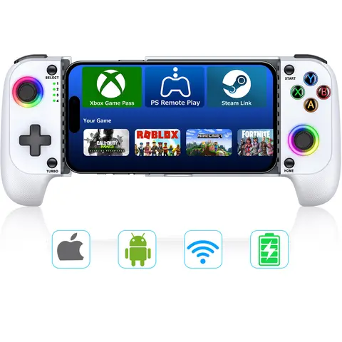 Handheld Wireless Bluetooth Game Controller for iOS/Android Phones - 600mAh Tech Accessory with Hall Joystick, Turbo Function, Phone Case Compatibility, Cool Lighting Effects, Dual Motor Vibration, Extra Large Drop-Down Space, White