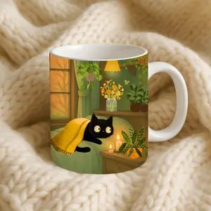 Cozy Black Cat Mug | Cute Cat Under Blanket | Plant Aesthetic Coffee Cup | Cat Lover Gift | Cottagecore Cozy Mug