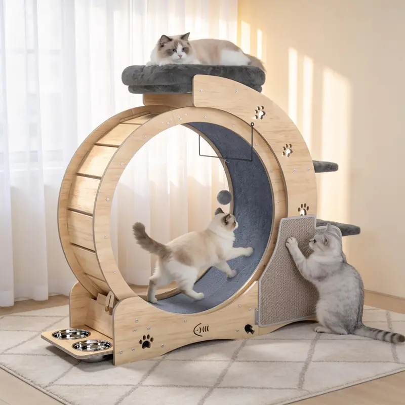 NAVINE 40" Indoor Cat Wheel Treadmill - 13.5x50x40.1 in, 37.5 lbs, 50lb Capacity, Nest, Locks for Rest, Scratching Post, House, Ladder, 2 Bowls (Bowl at the Wheel), Ball/Chaser, Encourages Indoor Energy Burn, 40" Height Fits Cozy Window Lounging