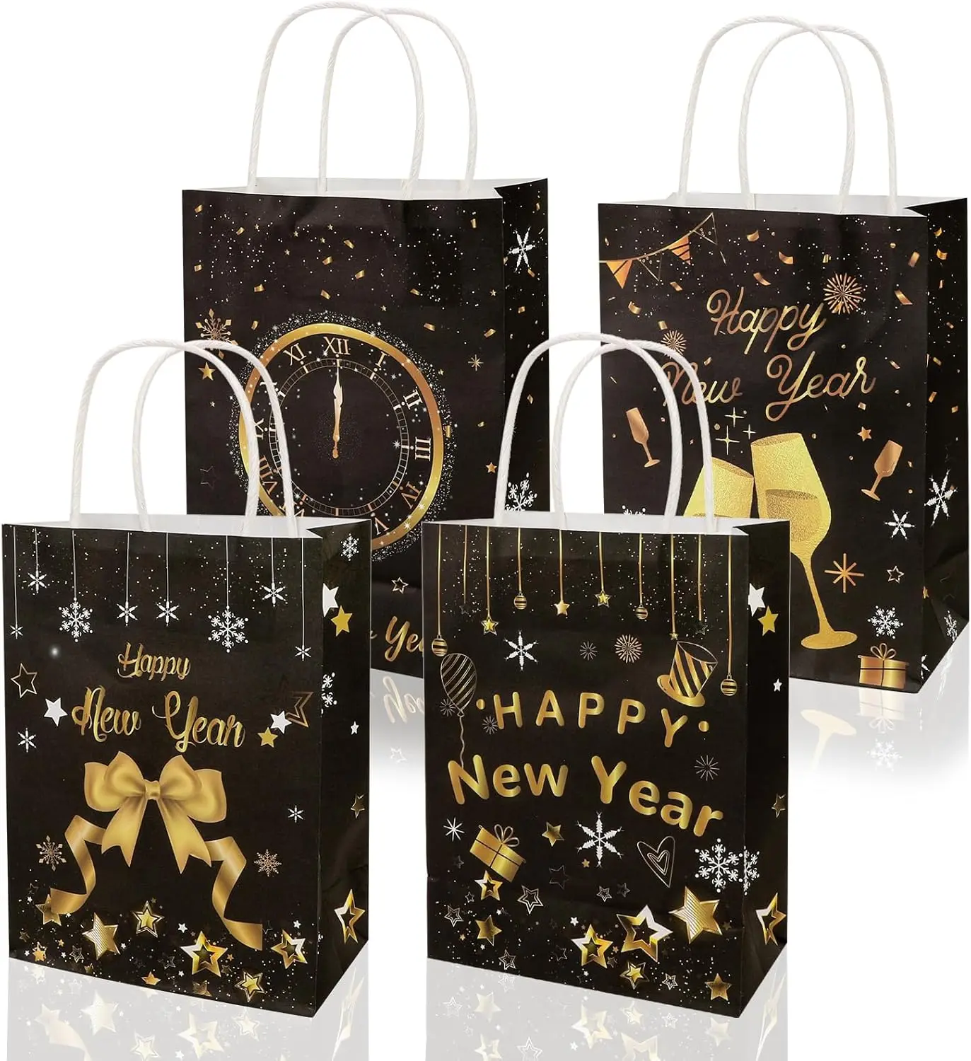 16 Pack New Year Gift Bags, Black and Gold Happy New Years Eve Gift Bags with Handle, 2026 New Years Party Supplies