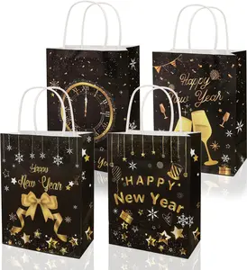 16 Pack New Year Gift Bags, Black and Gold Happy New Years Eve Gift Bags with Handle, 2026 New Years Party Supplies