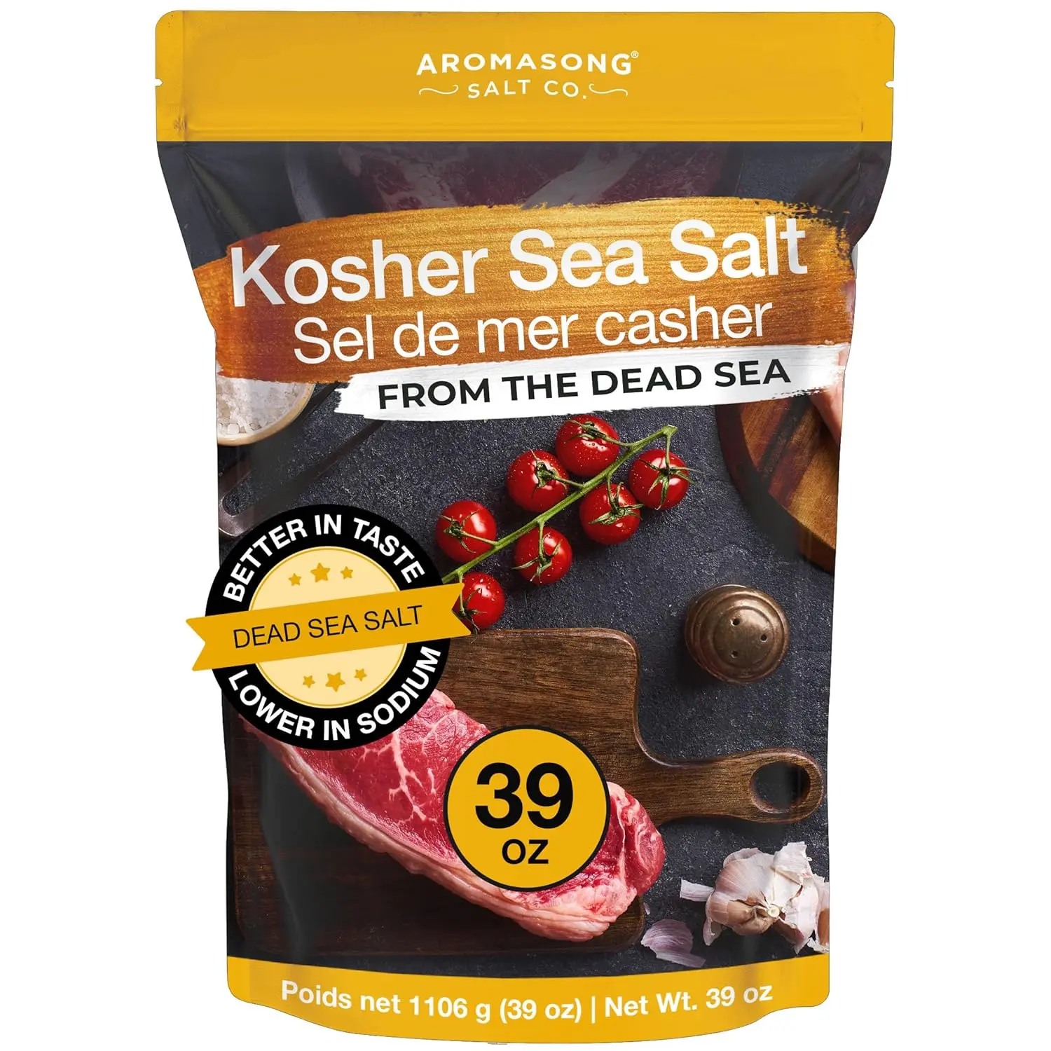 Aromasong Kosher US Pure Sea Salt, 2.43 Lb Large Coarse Grain Unrefined Natural Salt, Bulk Resealable Bag for Seasoning & Brining, Pure Salt