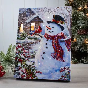 Snowman and Feathered Friend 8x6 Lighted Tabletop Canvas by Dona Gelsinger Winter Art with LED Lights and Auto Timer
