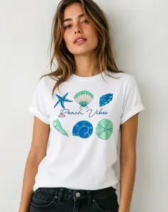 Women's White Casual Summer T-Shirt - Watercolor Seashell Starfish Graphic, Beach Vibes Tops for Women