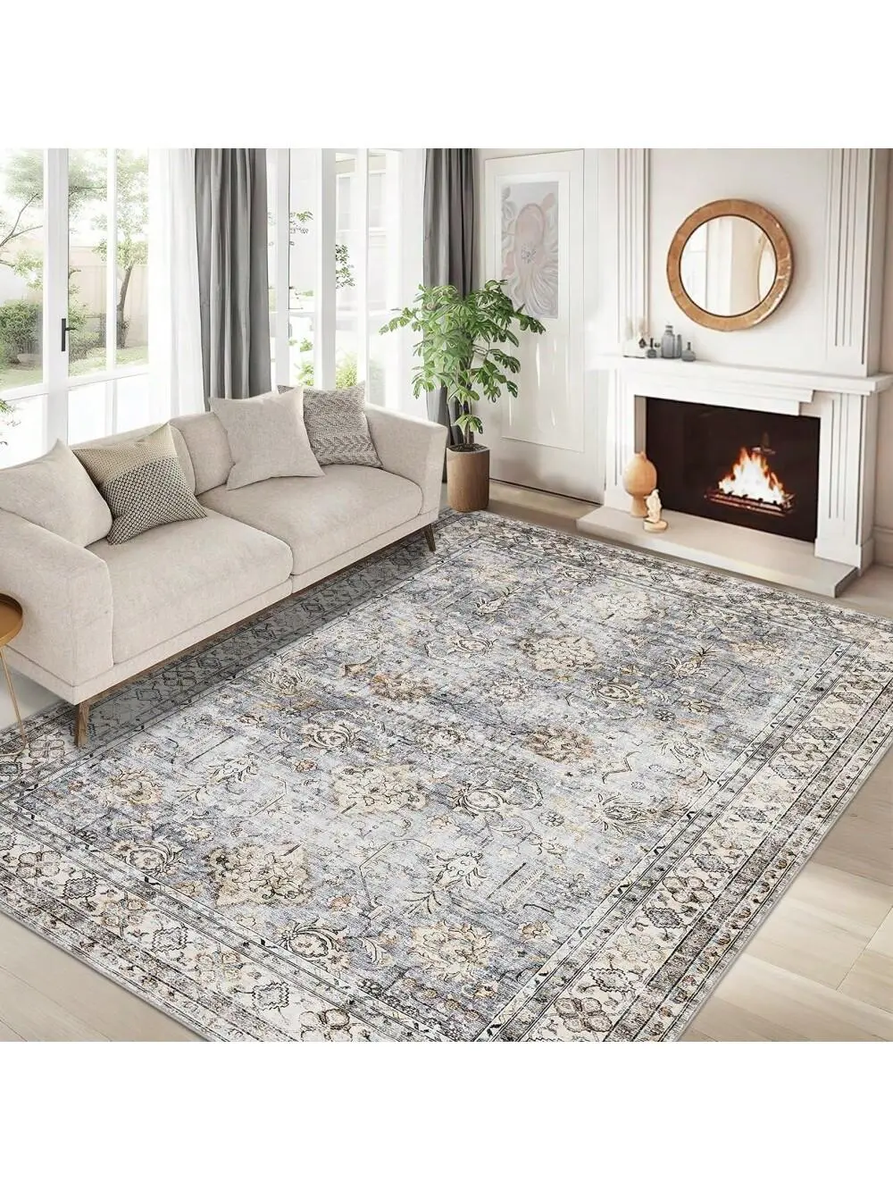 Gaomon 8x10ft Polyester Blue Vintage Area Rug - Distressed Floral Print, Non-Slip, Non-Shedding, Neutral Low Pile, Machine Washable, Stain-Resistant, Stay-Flat Firm, Foldable for Storage, Indoor Carpet for Bedroom, Living Room