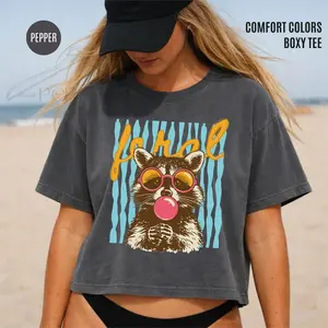 Comfort Colors® Feral Girl Summer Boxy Tee, Preppy Summer Crop Top, Cute Raccoon Bubble Gum Crop, Funny Girly Beach Gift, Beachy Boxy Shirt