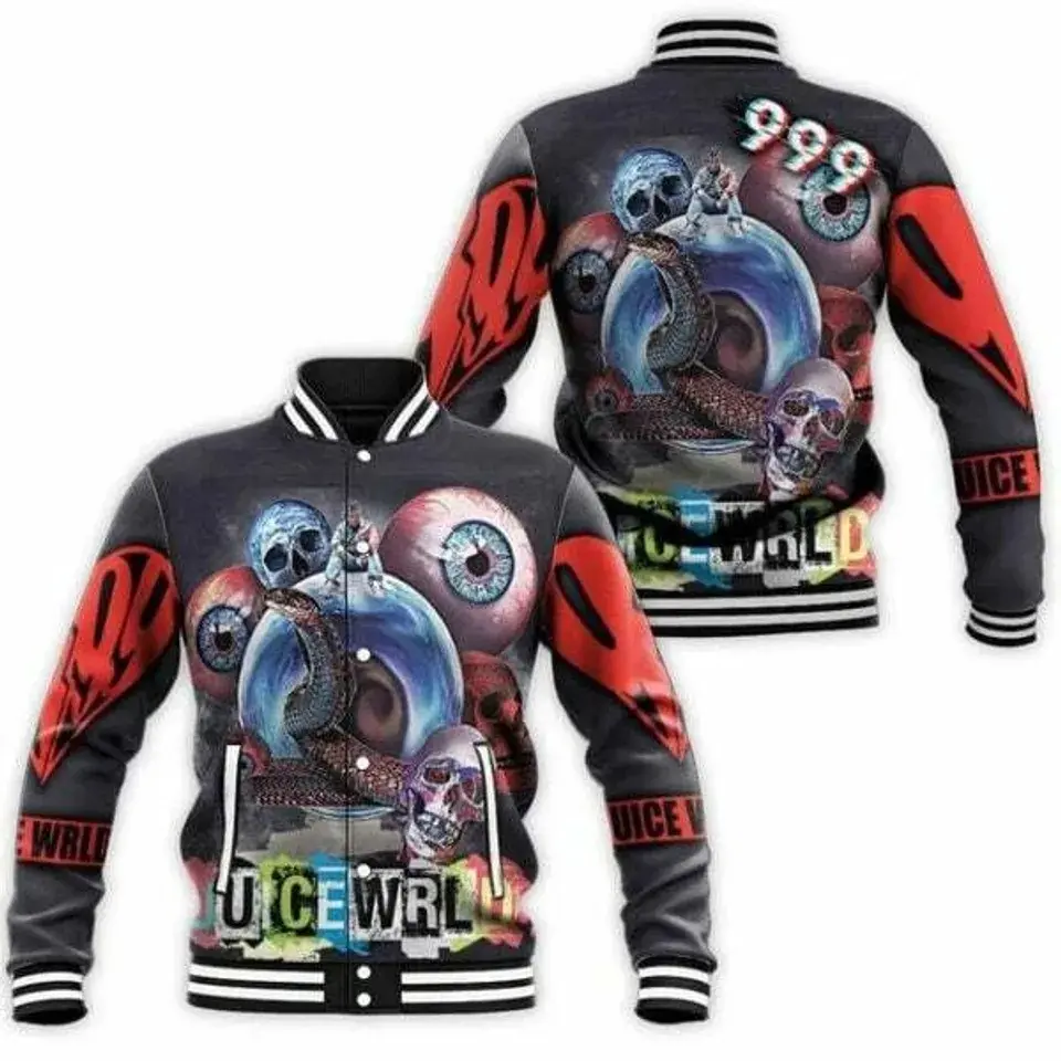 Julce WrId Tribute Varsity Jacket, Gothic Skull Eyeball Cobra Graphic Baseball Jacket Featuring Snake Cobra Wrapped Around Crystal Ball Eyeball Skulls 999 Graphics Loose Fit Casual Outerwear For Fall Winter Spring Sports Hip Hop Fan