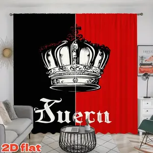 2D Flat 2Pcs Black and Red Crown Design Window Curtains, Modern Art Style Drape Panels, Semi-Sunshade Privacy Protecting Treatments for Home Living Room Bedroom Decor, Holiday Gift Decor.