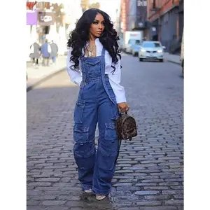 Women'sLooseDenimSuspendersWomen'sSpringMulti-PocketJumpsuitOverallsBlue