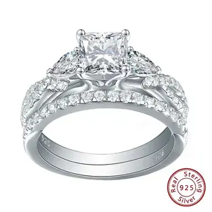 2 Pcs Wedding Ring Set 925 Sterling Silver 1.7 Ct Princess Pear Cut AAAAA CZ Engagement Rings for Women Trendy Jewelry #Love Story#Love Story #Love Story