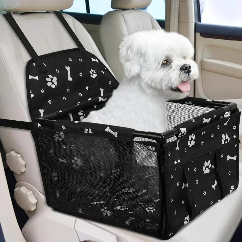 Portable Foldable Car Seat Pet Box, Paw Print Pattern Design Pet Carrier, Car Interior Storage Box with Adjustable Belt, Car Interior Accessories for Small Dogs, Puppy & Cats