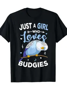 Just A Girl Who Loves Budgies T-Shirt - 100% Cotton Retro Budgerigar Tee with Blue Parakeet & Budgie Graphics, Casual Bird Lover Shirt for - Wear