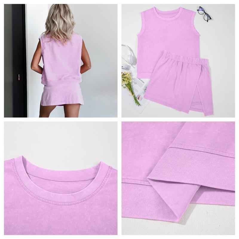 Light Pink 2 Pieces Mineral Wash Cotton Tank Top Lined Split Skirt Set