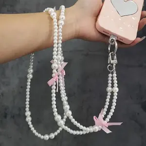 Crossbody Bowknot Pearl Phone Charm Lanyard Anti-fall Mobile Phone Long Chain Straps Hanging Rope for IPhone Samsung Xiaomi