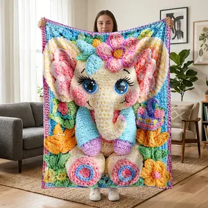 1 pc crochet-style colorful small elephant flannel blanket, all-over printed woven texture, soft and fluffy elephant and floral elements, gentle healing style. Soft, warm, comfortable nap blanket—versatile gift suitable for sofa, bed, office, shawl/wrap,