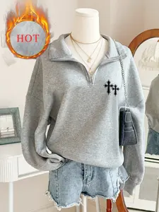Unisex Gray Half-Zip Knit Fitted Sweatshirt with Black Cross Graphic Print, Trendy Pullover for Street Style and Casual Daily Wear