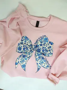 Daughter Of The King Blue Floral Bow - Crew Neck in Light Pink