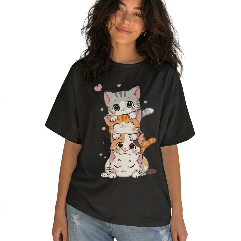 Cute Cat Lover Graphic Tee Women Plus Size Stacked Kittens Shirt
