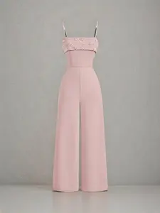 Women's Solid Beading Overalls Jumpsuit, Casual Basic Comfy Loose Wide Leg Fit Jumpsuit for Daily Wear, Ladies Clothes for All Seasons, Womenswear