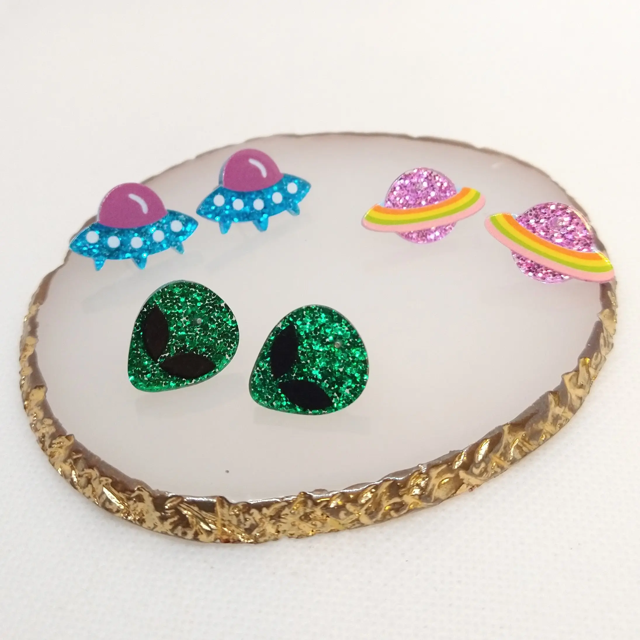 #194 Various Glitter Space & Alien Stud Earrings, Casual, Fun, Space, UFO, Planet, Acrylic
