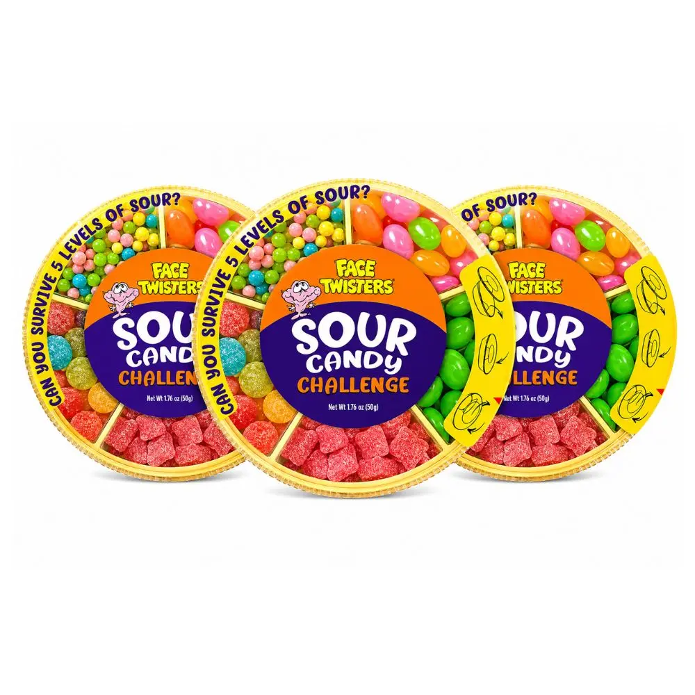 Face Twisters Sour Candy Challenge 1.76oz (Pack of 3) - Perfect for Candy Challenges & Halloween Party Tangy Fruit Chewy