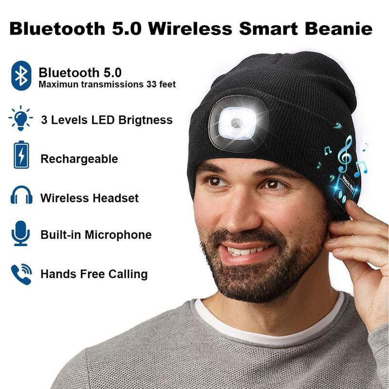 Bluetooth Beanie with a Light, Unisex USB Rechargeable 4 LED Flashlight Hat with Cordless Headphones, Unique Christmas Birthday Gifts for Men Him Husband Teen